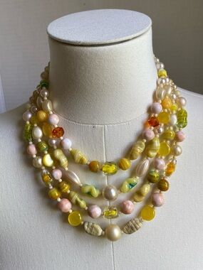 RARE Vtg 60s UV Glow Multi-Strand Necklace - Aventurine & Art Glass